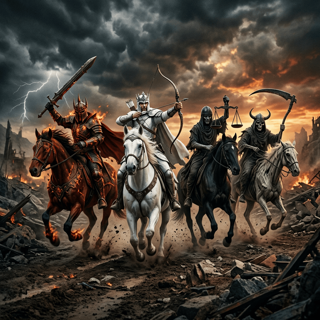 Four armored horsemen charge on horseback through apocalyptic ruins